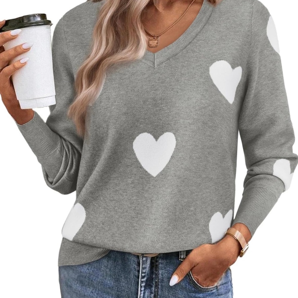 Gray V-Neck Sweater with White Hearts